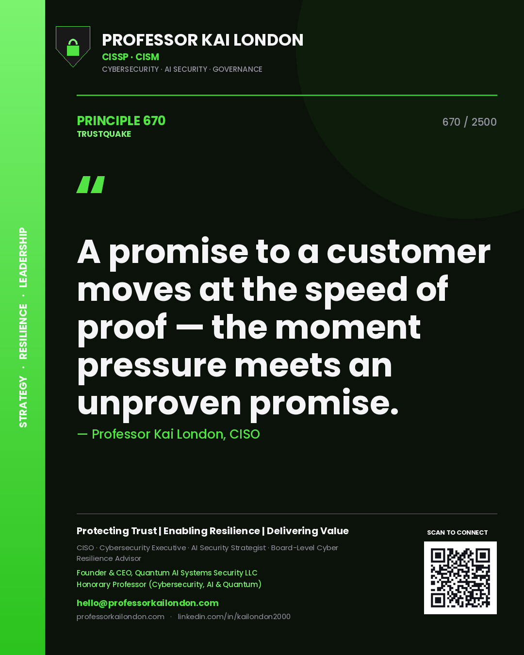 Professor Kai London principle 670: A promise to a customer moves at the speed of proof — the moment pressure meets an unproven promise.