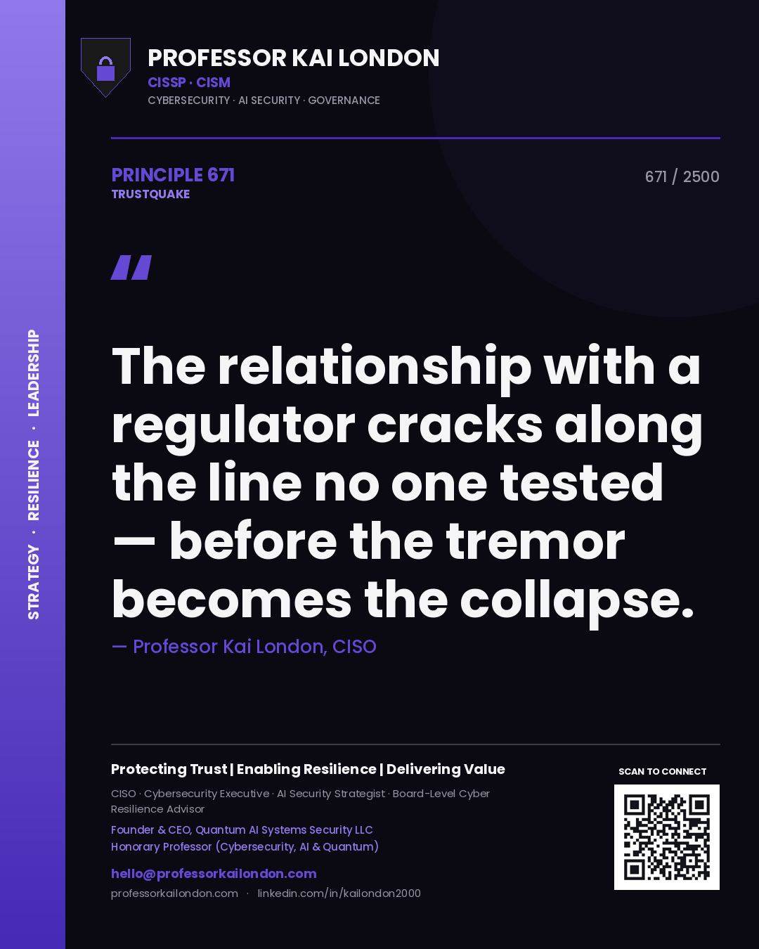 Professor Kai London principle 671: The relationship with a regulator cracks along the line no one tested — before the tremor becomes the collapse.
