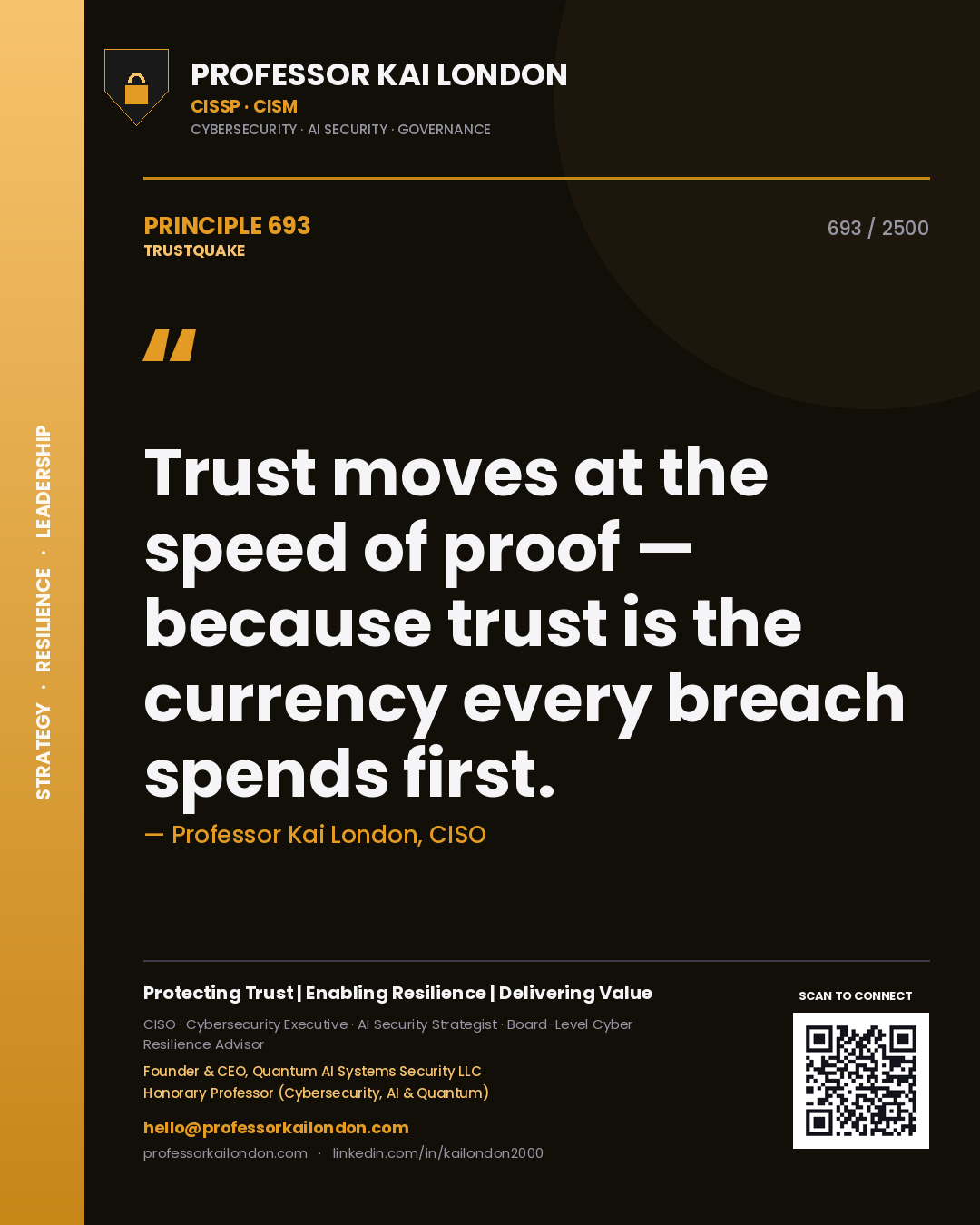 Professor Kai London principle 693: Trust moves at the speed of proof — because trust is the currency every breach spends first.