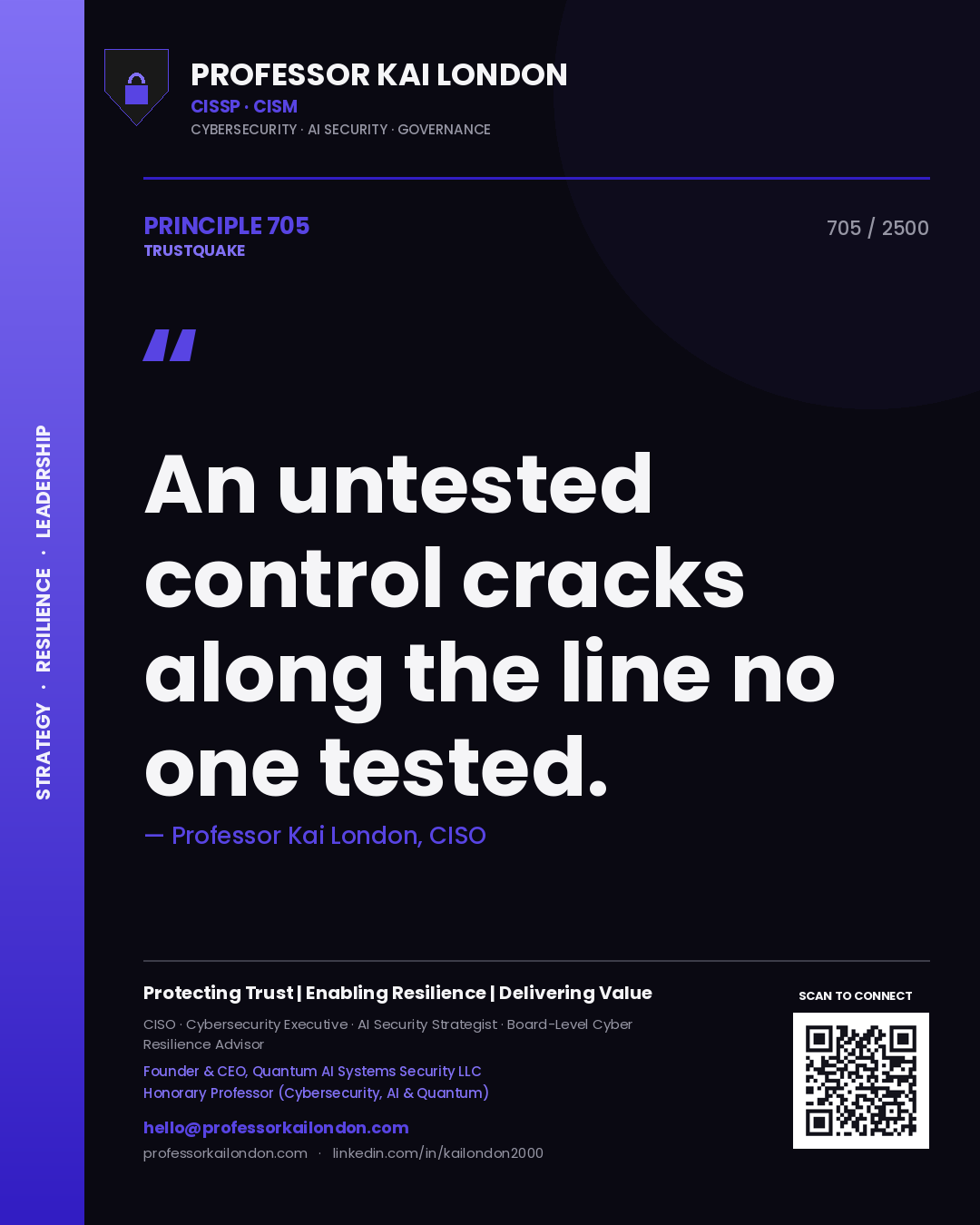 Quote card by Professor Kai London reading 'An untested control cracks along the line no one tested.'. From the book Trustquake.