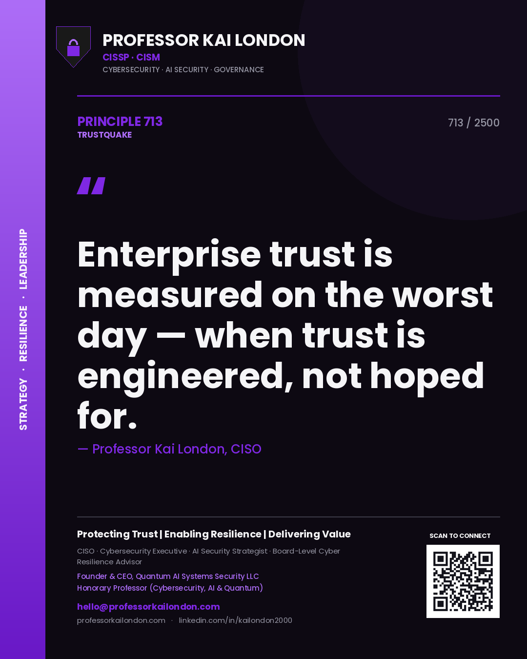 Quote card by Professor Kai London reading 'Enterprise trust is measured on the worst day — when trust is engineered, not hoped for.'. From the book Trustquake.