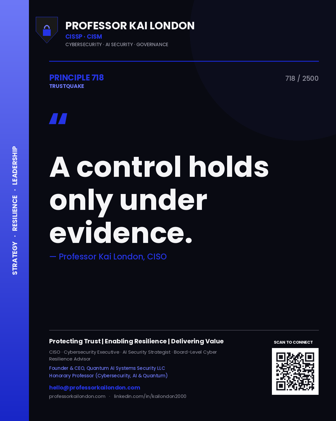 Quote card by Professor Kai London reading 'A control holds only under evidence.'. From the book Trustquake.