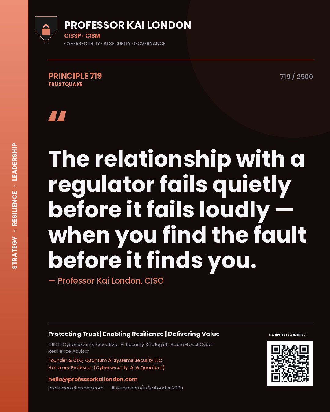 Quote card by Professor Kai London reading 'The relationship with a regulator fails quietly before it fails loudly — when you find the fault before it finds you.'. From the book Trustquake.