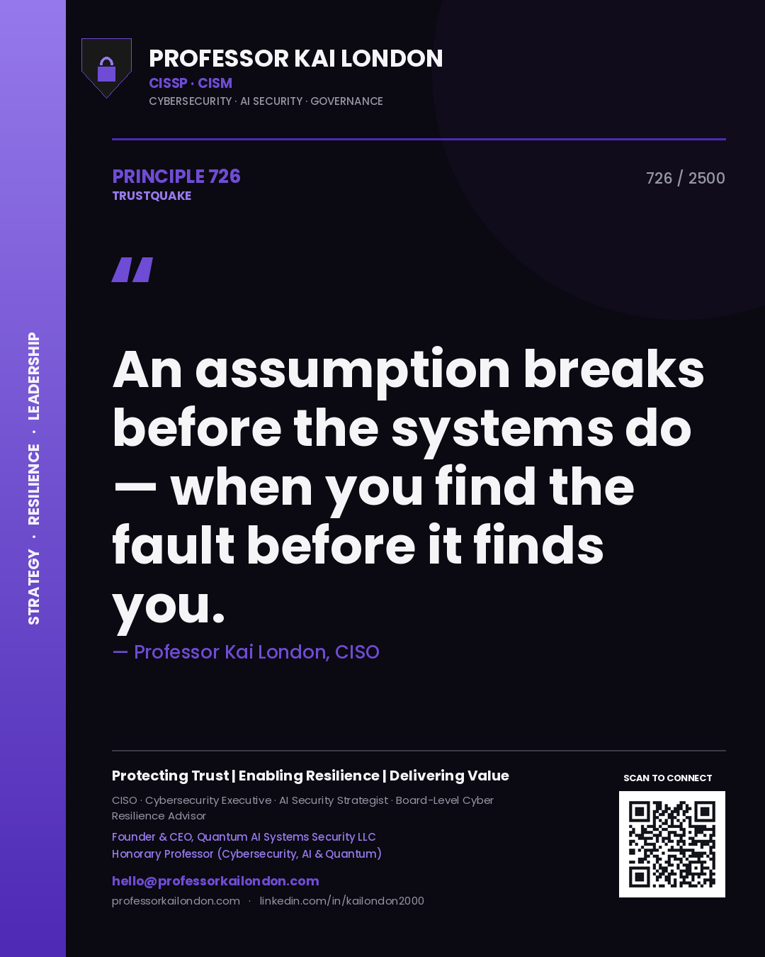 Quote card by Professor Kai London reading 'An assumption breaks before the systems do — when you find the fault before it finds you.'. From the book Trustquake.