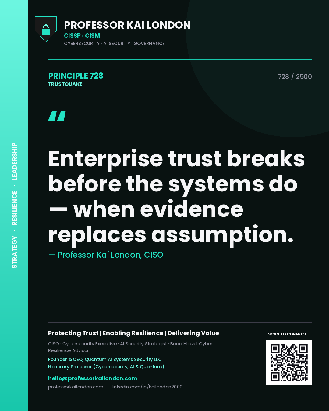 Quote card by Professor Kai London reading 'Enterprise trust breaks before the systems do — when evidence replaces assumption.'. From the book Trustquake.