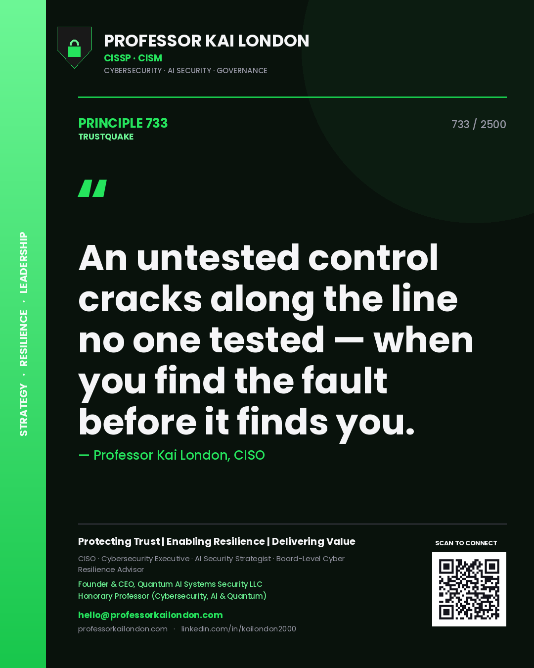 Quote card by Professor Kai London reading 'An untested control cracks along the line no one tested — when you find the fault before it finds you.'. From the book Trustquake.