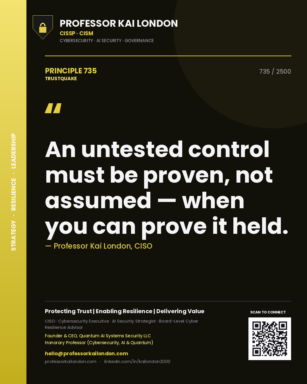 Quote card by Professor Kai London reading 'An untested control must be proven, not assumed — when you can prove it held.'. From the book Trustquake.