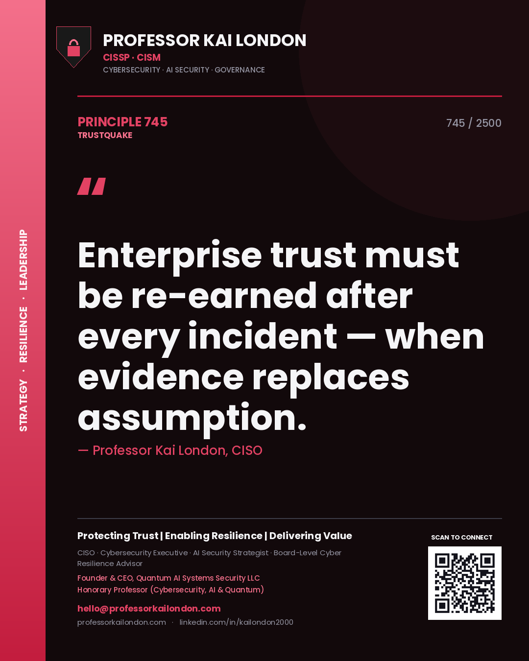 Quote card by Professor Kai London reading 'Enterprise trust must be re-earned after every incident — when evidence replaces assumption.'. From the book Trustquake.