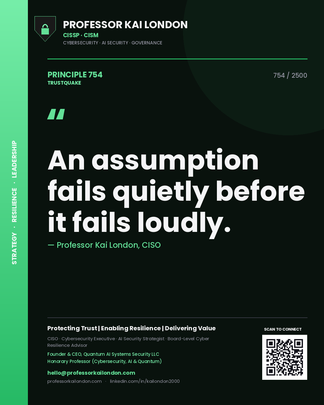 Quote card by Professor Kai London reading 'An assumption fails quietly before it fails loudly.'. From the book Trustquake.