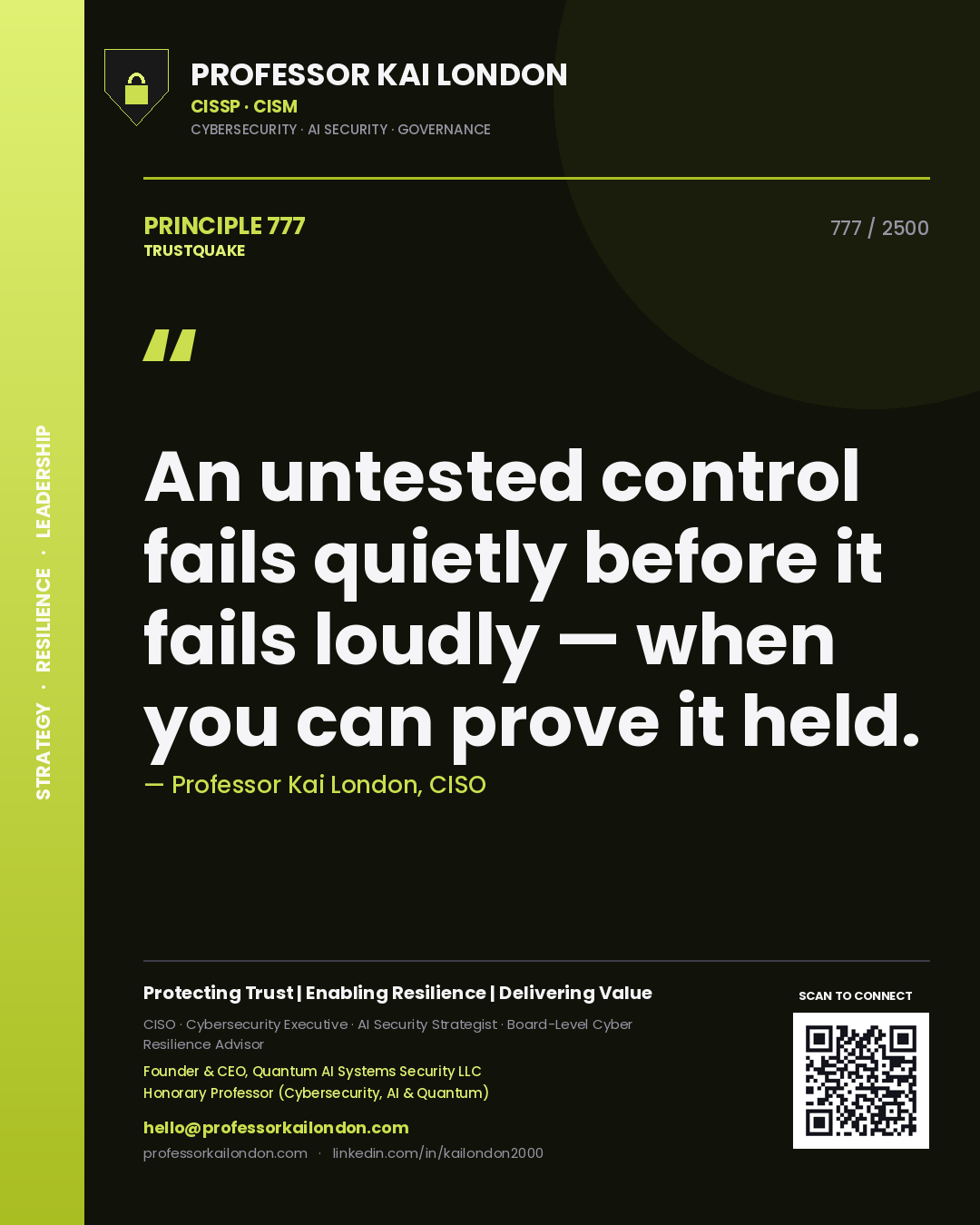 Quote card by Professor Kai London reading 'An untested control fails quietly before it fails loudly — when you can prove it held.'. From the book Trustquake.