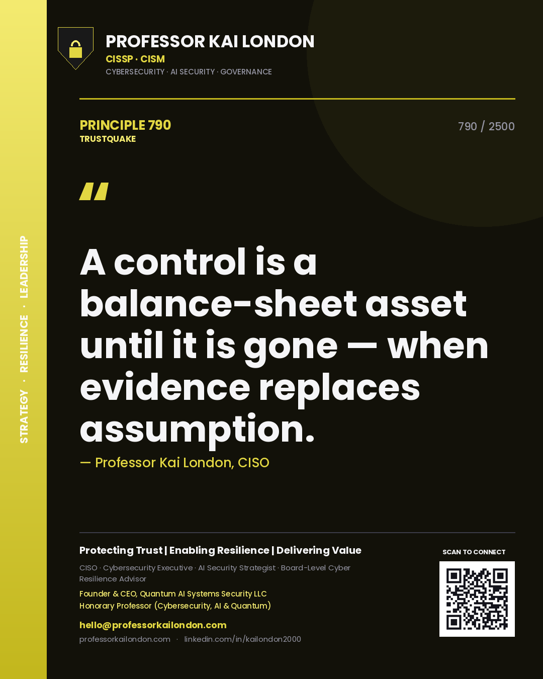Quote card by Professor Kai London reading 'A control is a balance-sheet asset until it is gone — when evidence replaces assumption.'. From the book Trustquake.