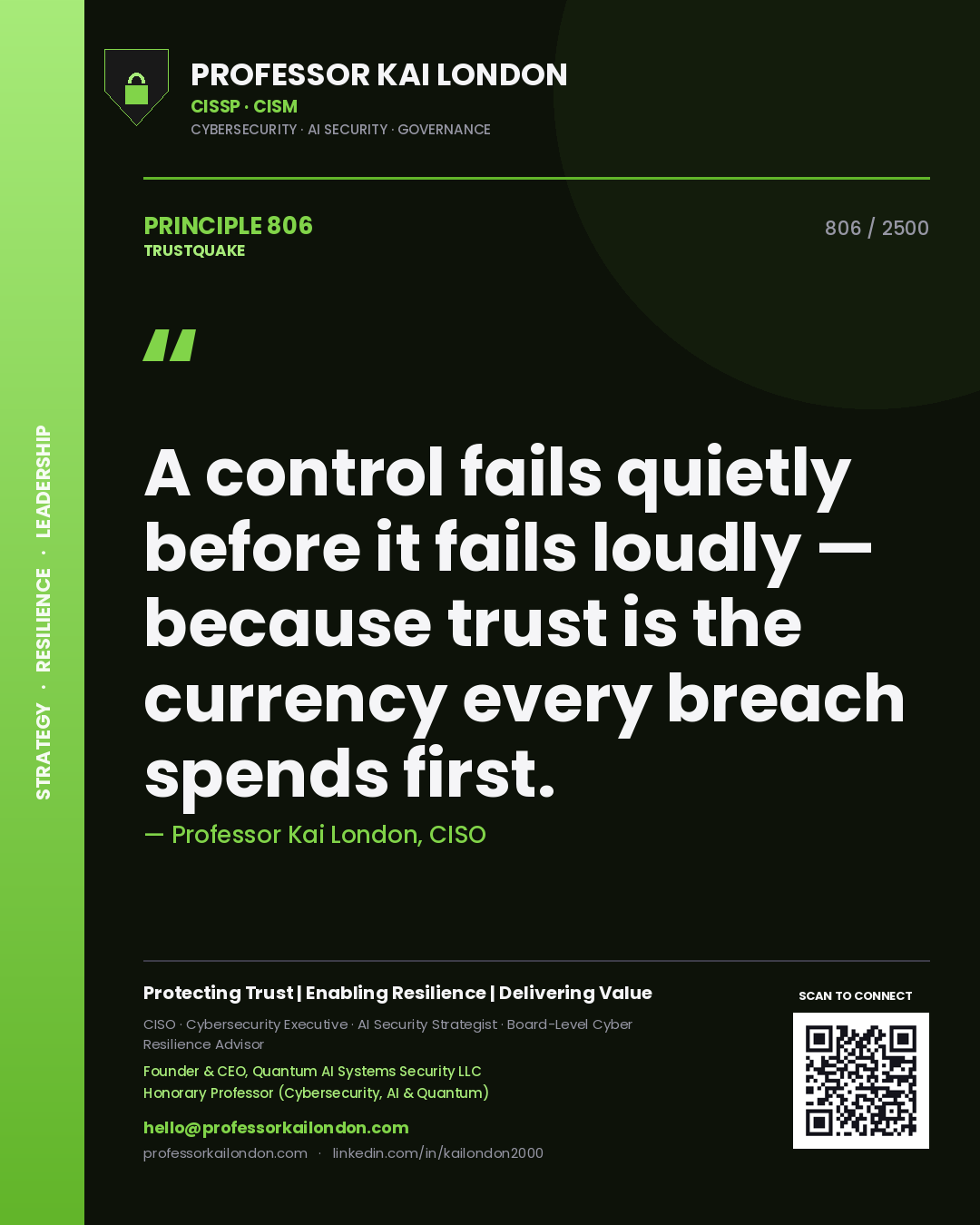 Quote card by Professor Kai London reading 'A control fails quietly before it fails loudly — because trust is the currency every breach spends first.'. From the book Trustquake.