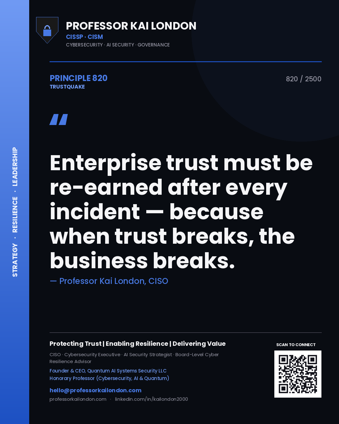 Quote card by Professor Kai London reading 'Enterprise trust must be re-earned after every incident — because when trust breaks, the business breaks.'. From the book Trustquake.