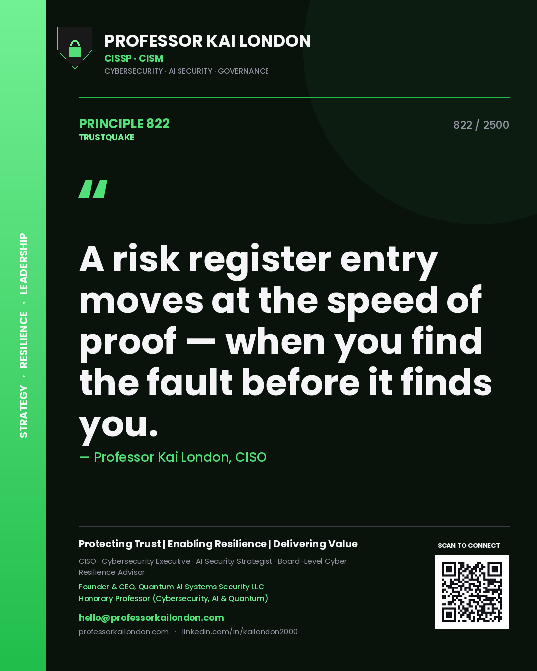 Quote card by Professor Kai London reading 'A risk register entry moves at the speed of proof — when you find the fault before it finds you.'. From the book Trustquake.