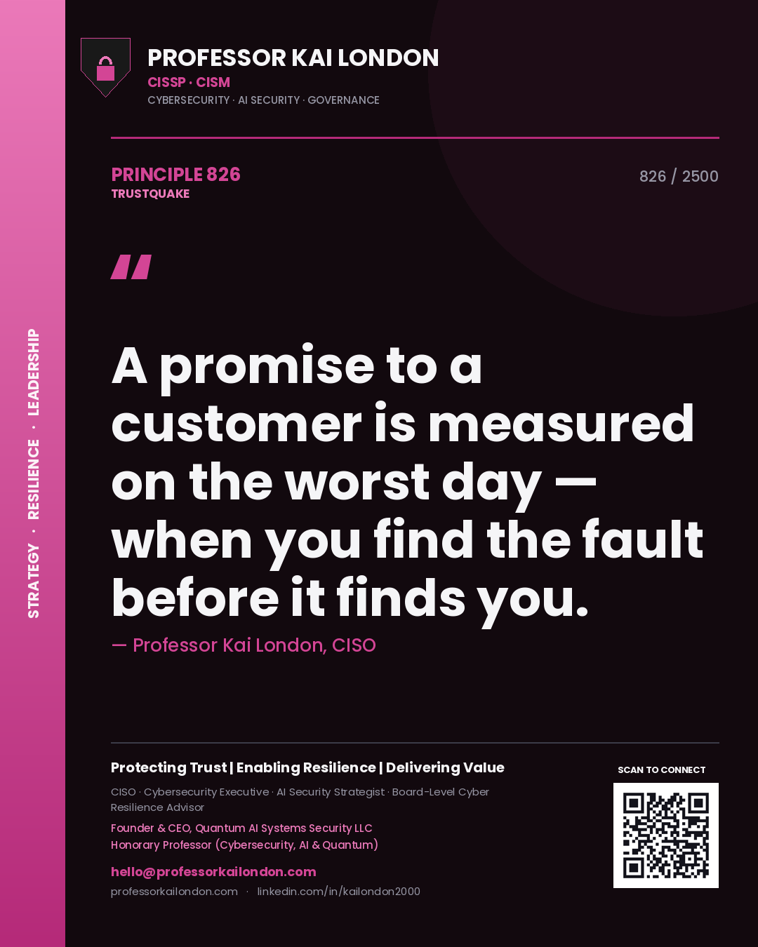 Quote card by Professor Kai London reading 'A promise to a customer is measured on the worst day — when you find the fault before it finds you.'. From the book Trustquake.