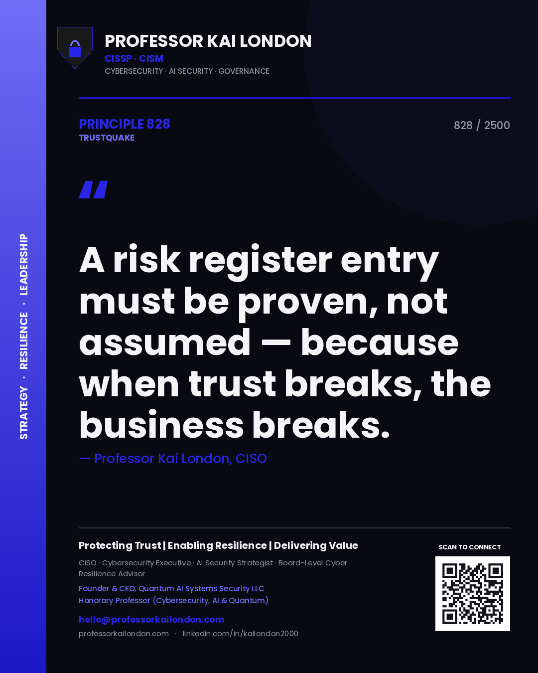 Quote card by Professor Kai London reading 'A risk register entry must be proven, not assumed — because when trust breaks, the business breaks.'. From the book Trustquake.