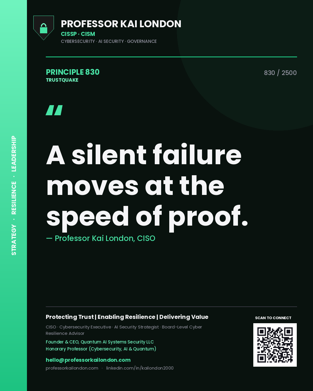 Quote card by Professor Kai London reading 'A silent failure moves at the speed of proof.'. From the book Trustquake.