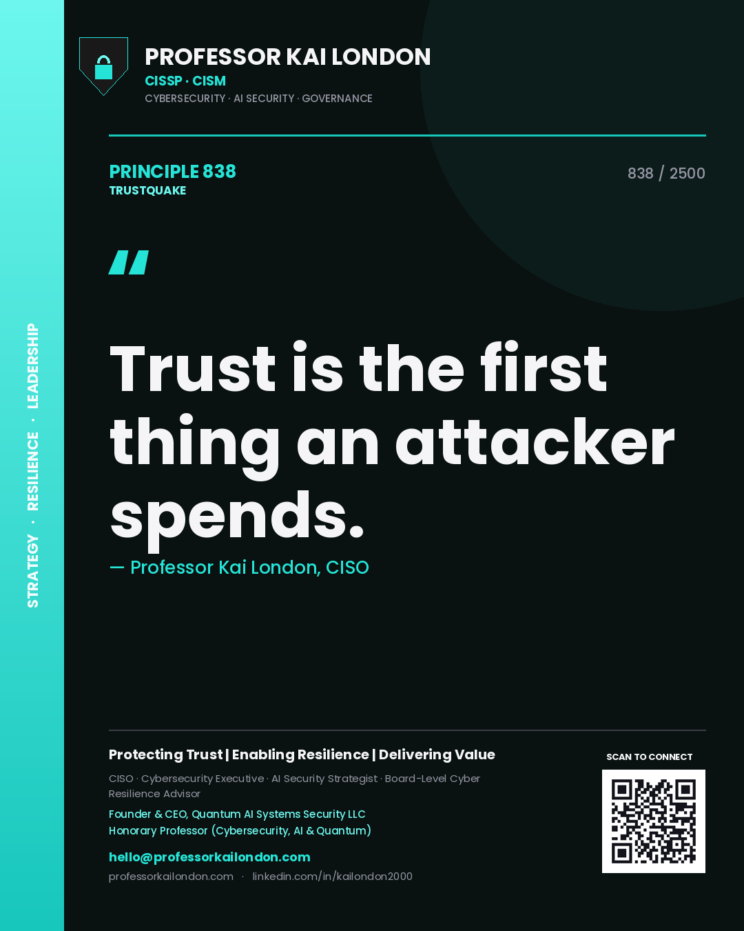 Quote card by Professor Kai London reading 'Trust is the first thing an attacker spends.'. From the book Trustquake.