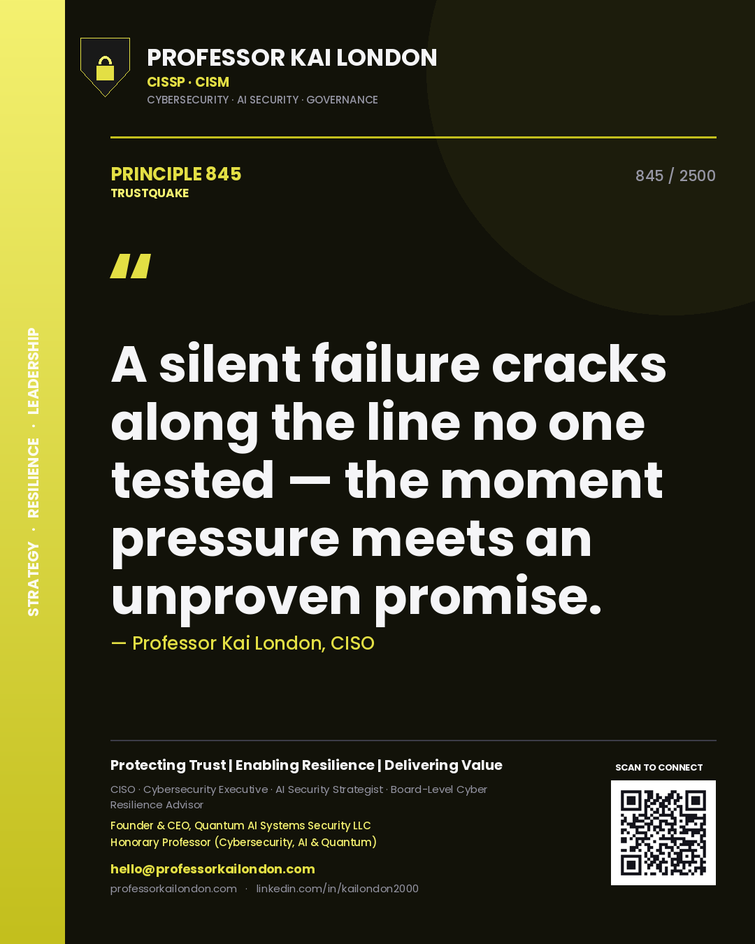 Quote card by Professor Kai London reading 'A silent failure cracks along the line no one tested — the moment pressure meets an unproven promise.'. From the book Trustquake.