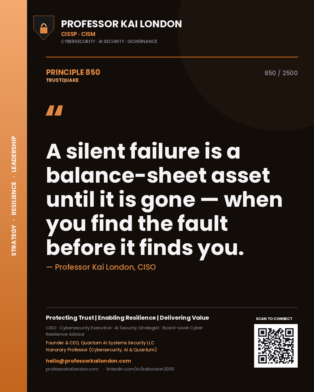 Quote card by Professor Kai London reading 'A silent failure is a balance-sheet asset until it is gone — when you find the fault before it finds you.'. From the book Trustquake.