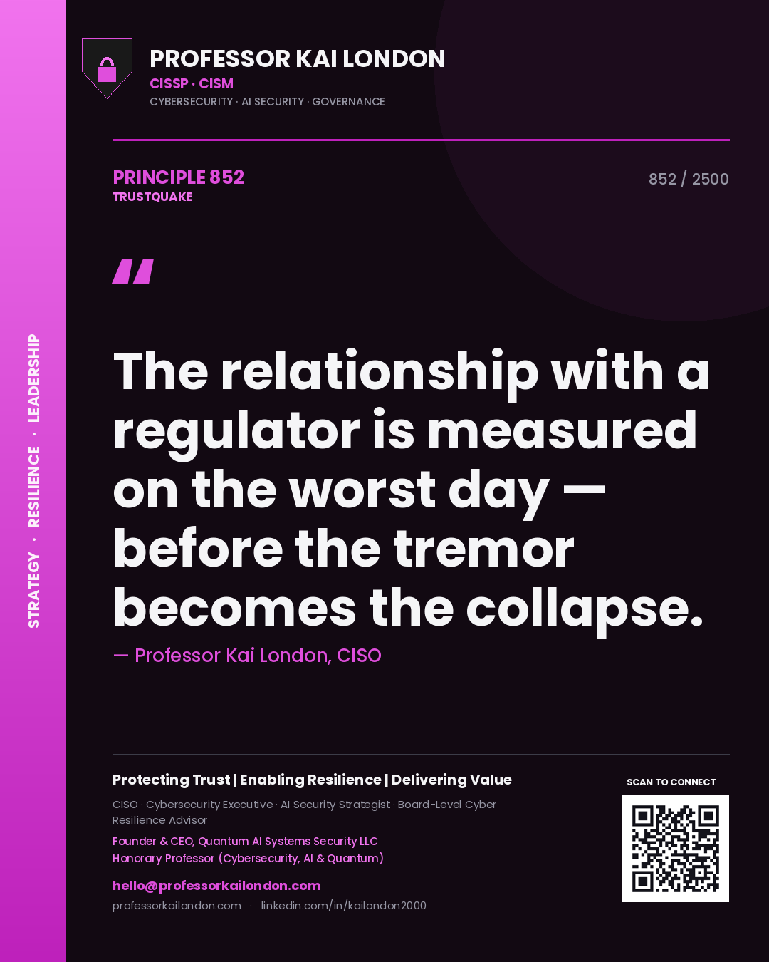 Quote card by Professor Kai London reading 'The relationship with a regulator is measured on the worst day — before the tremor becomes the collapse.'. From the book Trustquake.