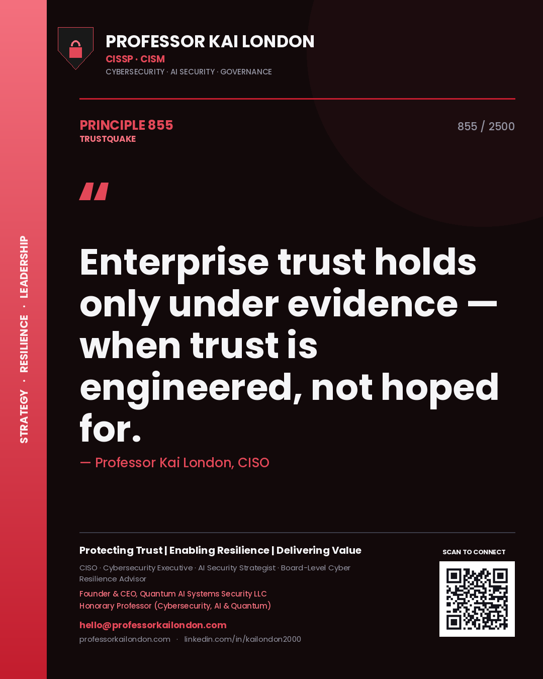Quote card by Professor Kai London reading 'Enterprise trust holds only under evidence — when trust is engineered, not hoped for.'. From the book Trustquake.
