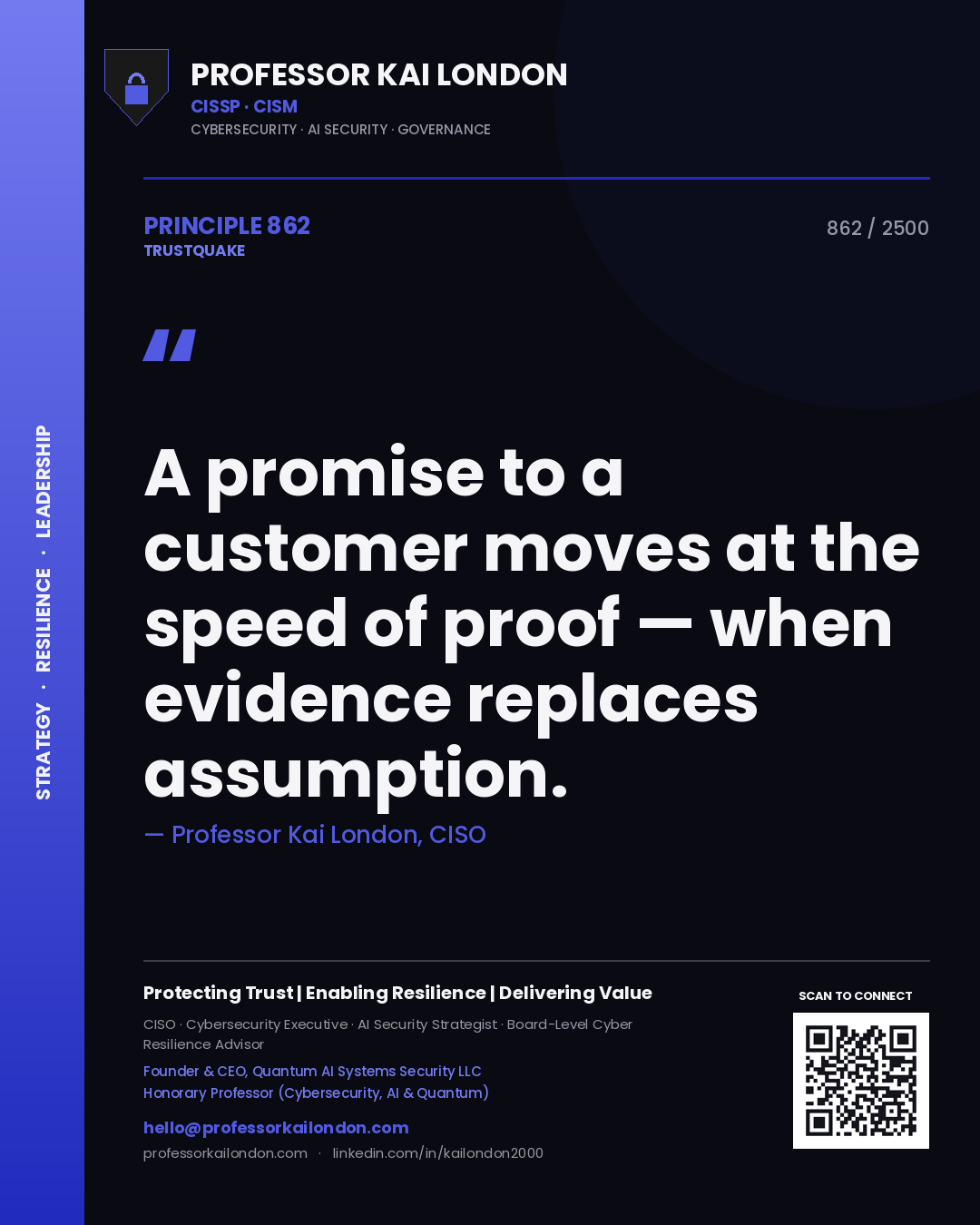 Quote card by Professor Kai London reading 'A promise to a customer moves at the speed of proof — when evidence replaces assumption.'. From the book Trustquake.