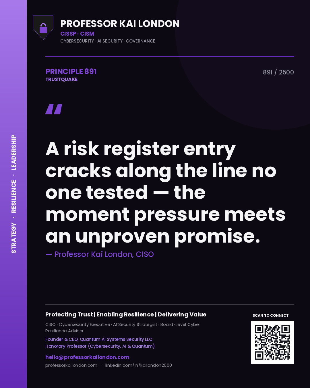 Quote card by Professor Kai London reading 'A risk register entry cracks along the line no one tested — the moment pressure meets an unproven promise.'. From the book Trustquake.