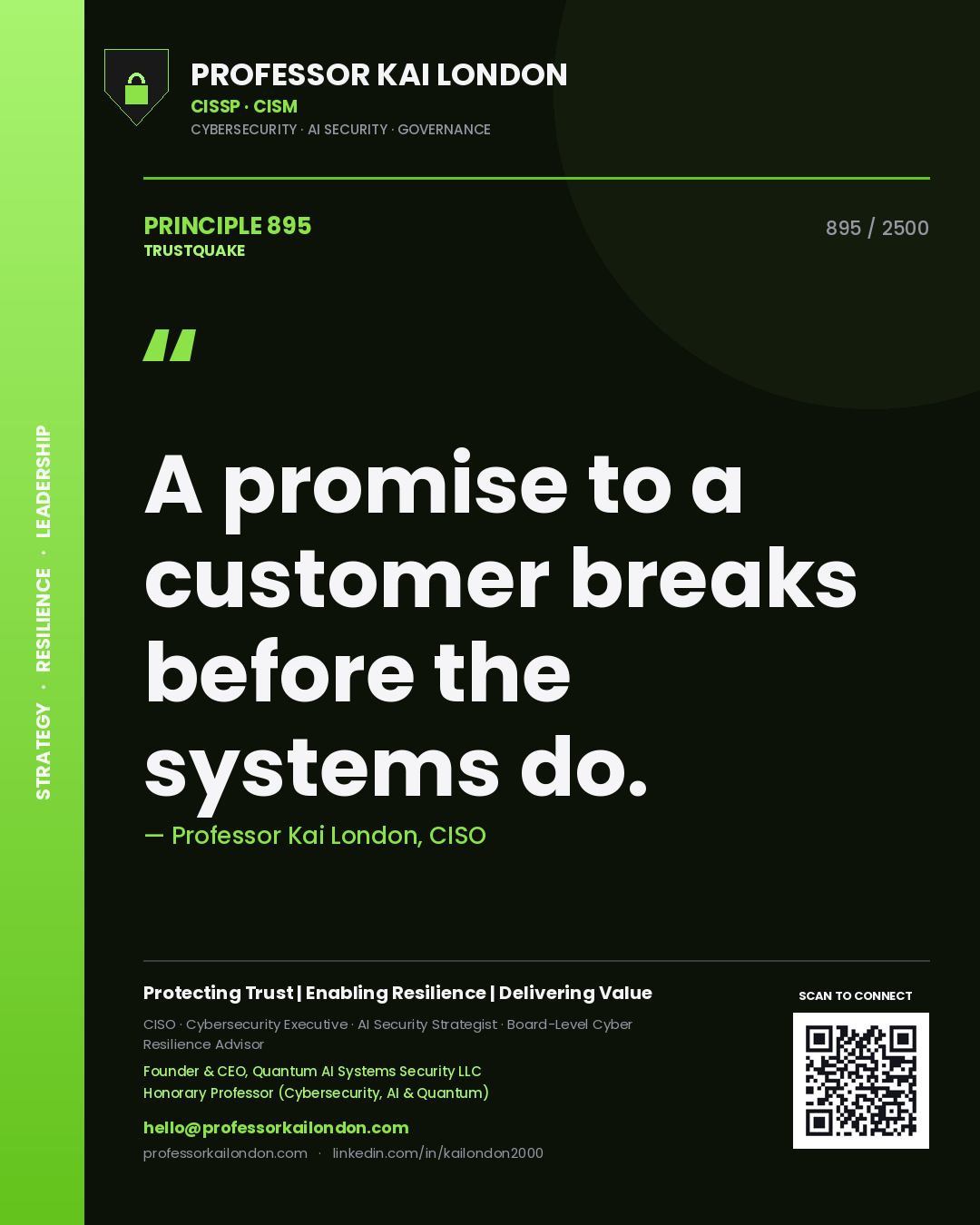 Quote card by Professor Kai London reading 'A promise to a customer breaks before the systems do.'. From the book Trustquake.