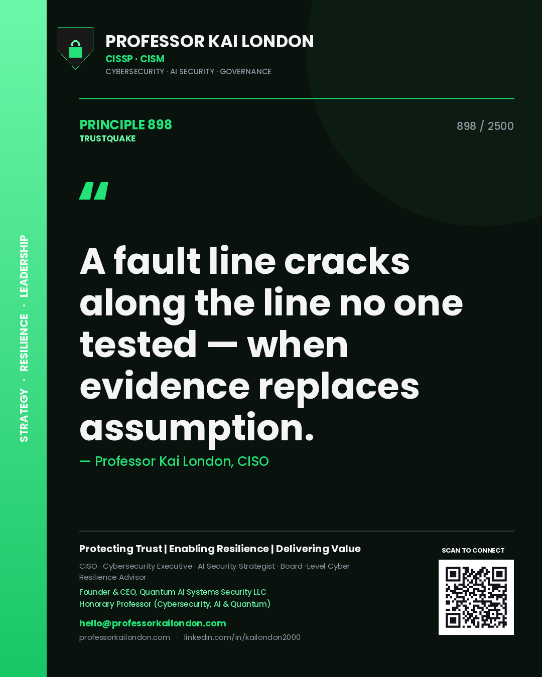 Quote card by Professor Kai London reading 'A fault line cracks along the line no one tested — when evidence replaces assumption.'. From the book Trustquake.