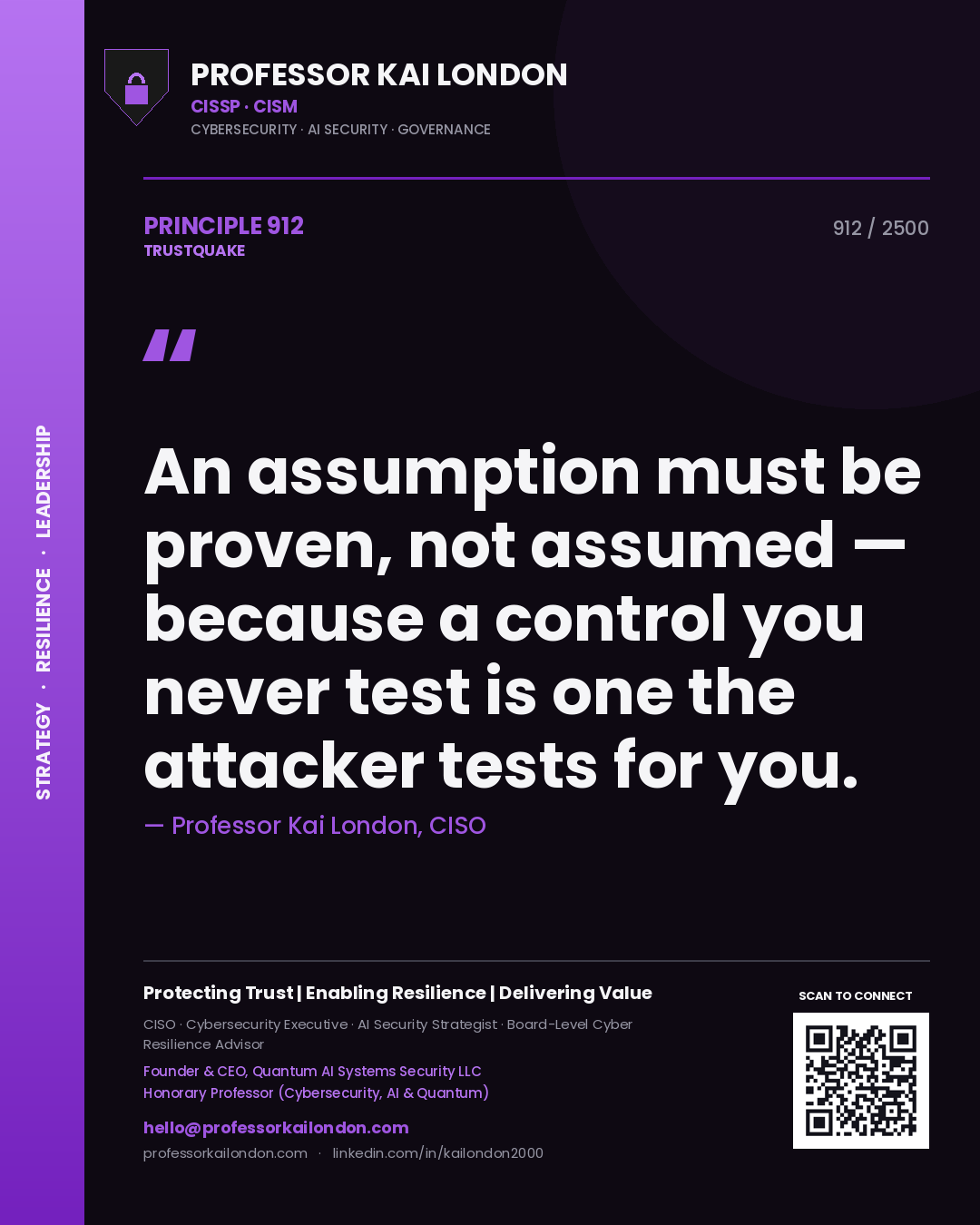 Quote card by Professor Kai London reading 'An assumption must be proven, not assumed — because a control you never test is one the attacker tests for you.'. From the book Trustquake.