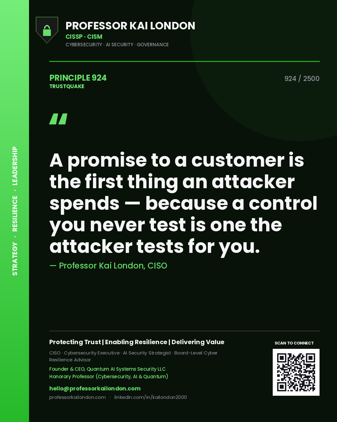 Quote card by Professor Kai London reading 'A promise to a customer is the first thing an attacker spends — because a control you never test is one the attacker tests for you.'. From the book Trustquake.