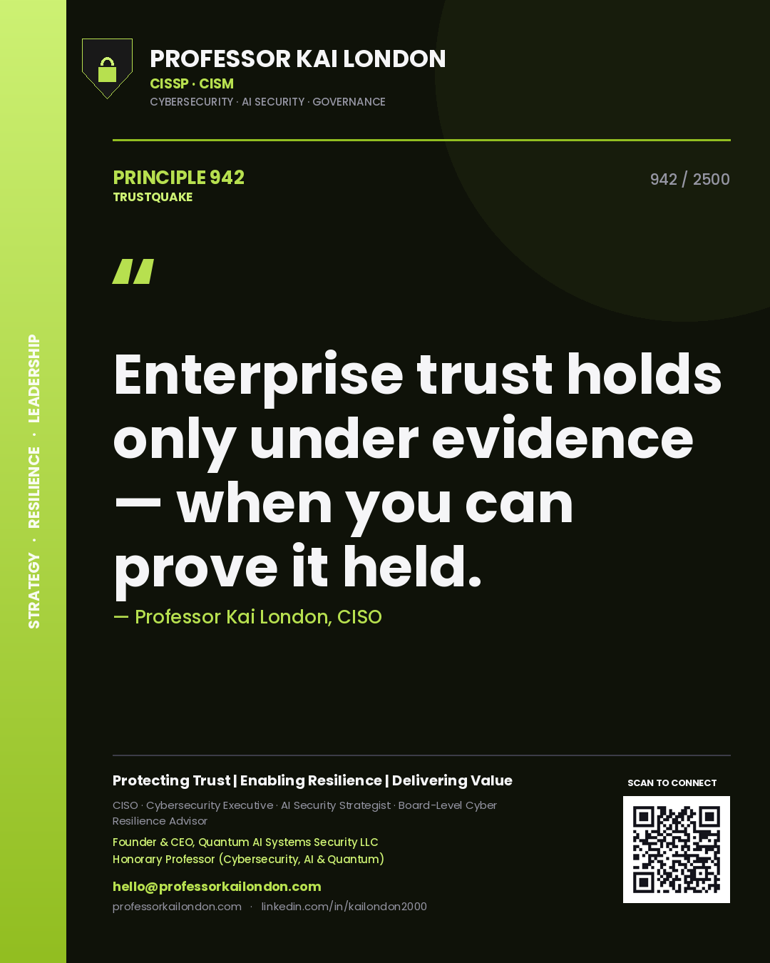 Quote card by Professor Kai London reading 'Enterprise trust holds only under evidence — when you can prove it held.'. From the book Trustquake.