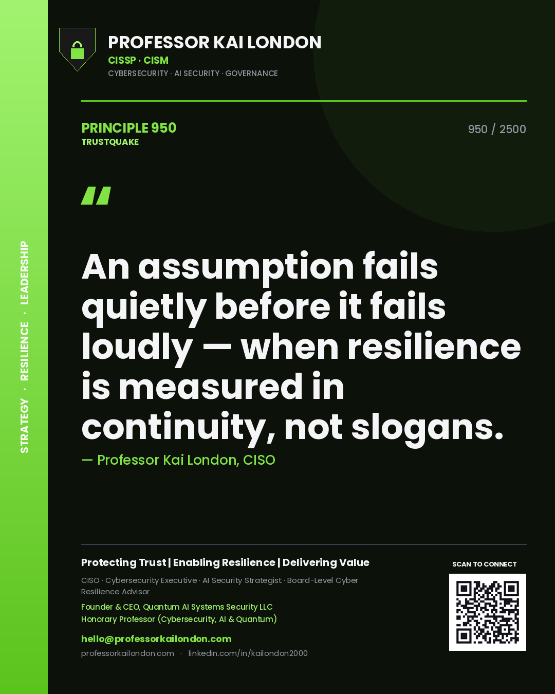 Quote card by Professor Kai London reading 'An assumption fails quietly before it fails loudly — when resilience is measured in continuity, not slogans.'. From the book Trustquake.
