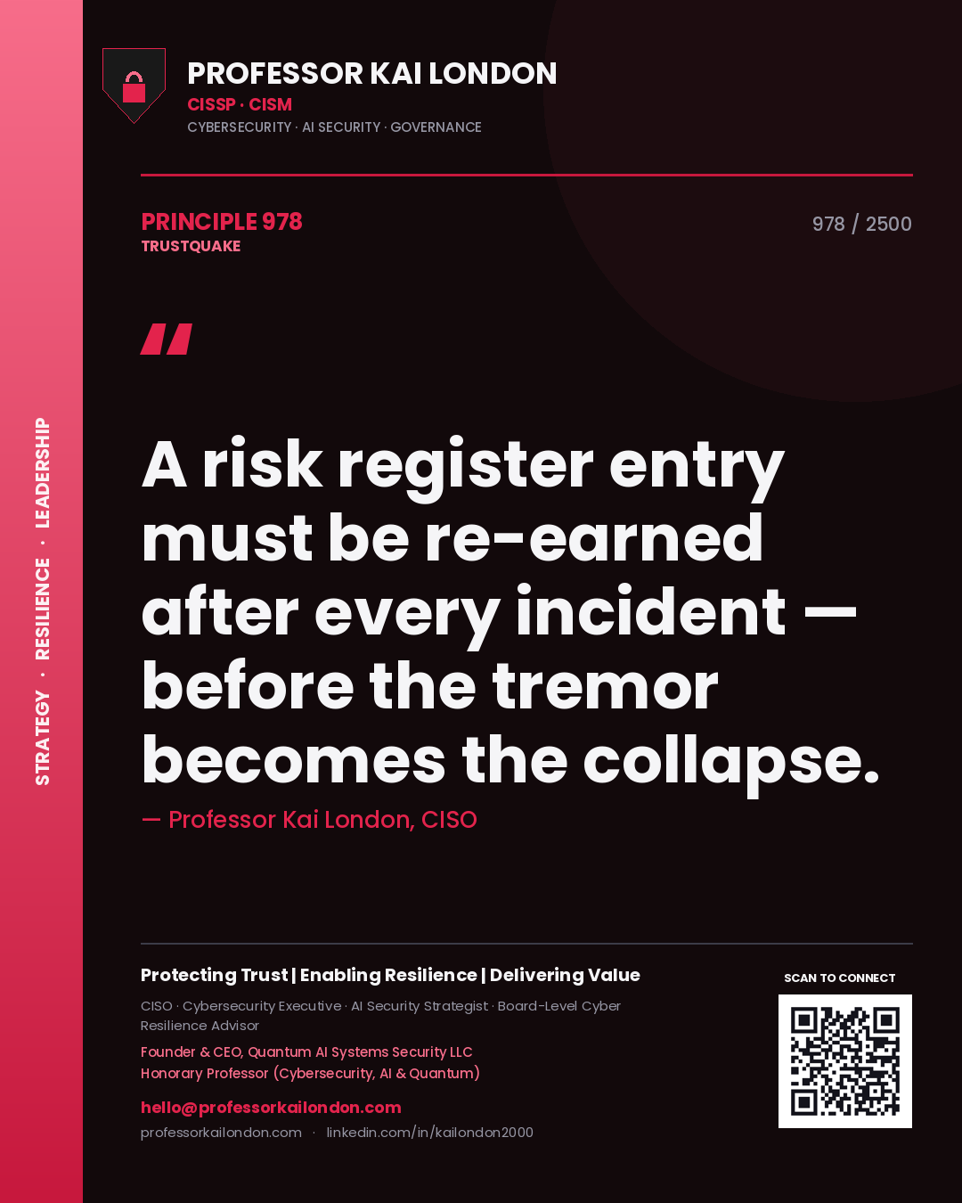 Quote card by Professor Kai London reading 'A risk register entry must be re-earned after every incident — before the tremor becomes the collapse.'. From the book Trustquake.