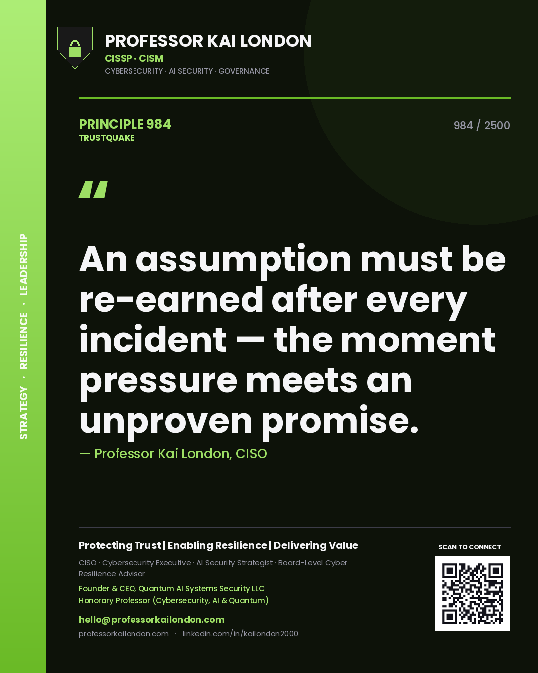 Professor Kai London principle 984: An assumption must be re-earned after every incident — the moment pressure meets an unproven promise.