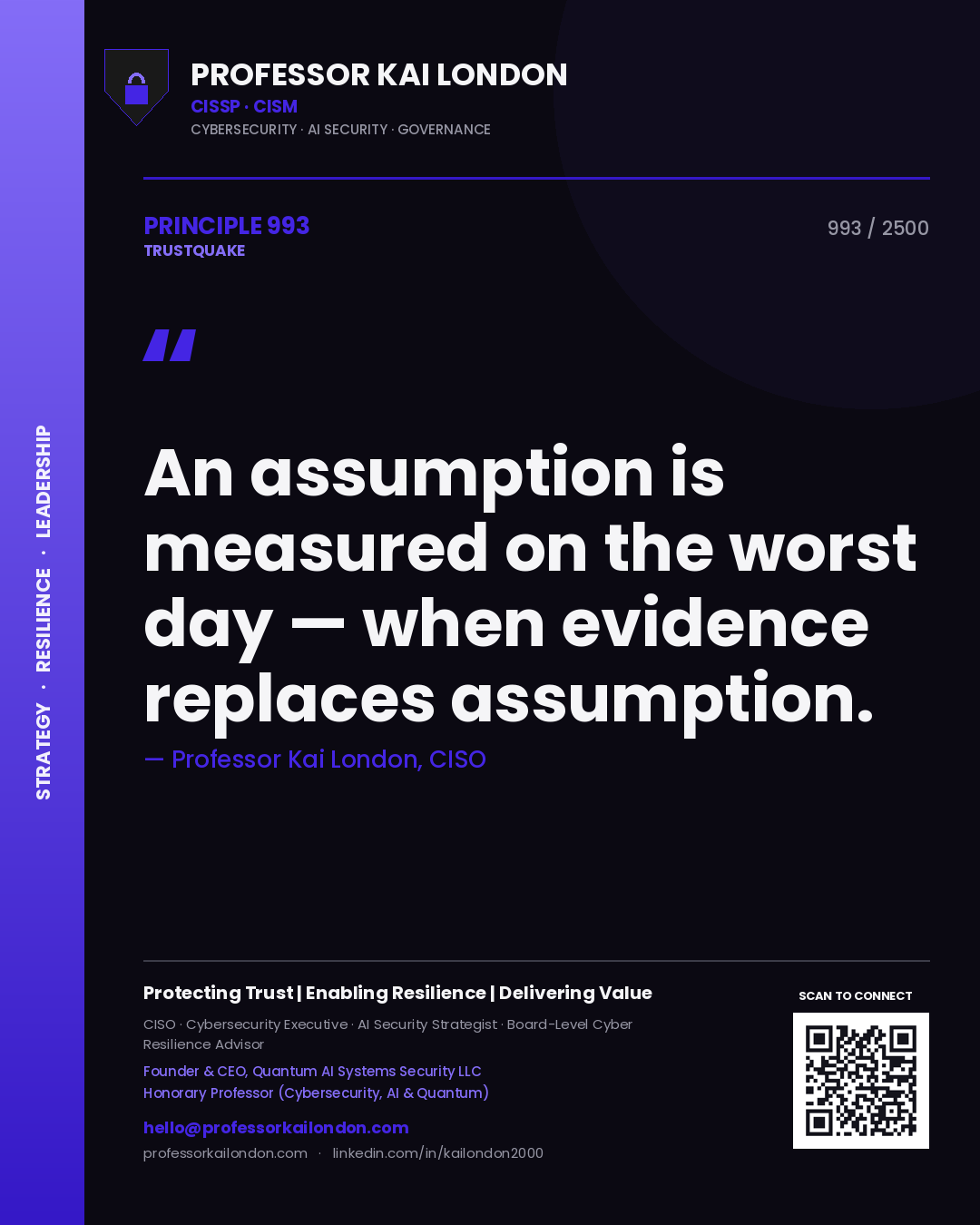 Quote card by Professor Kai London reading 'An assumption is measured on the worst day — when evidence replaces assumption.'. From the book Trustquake.