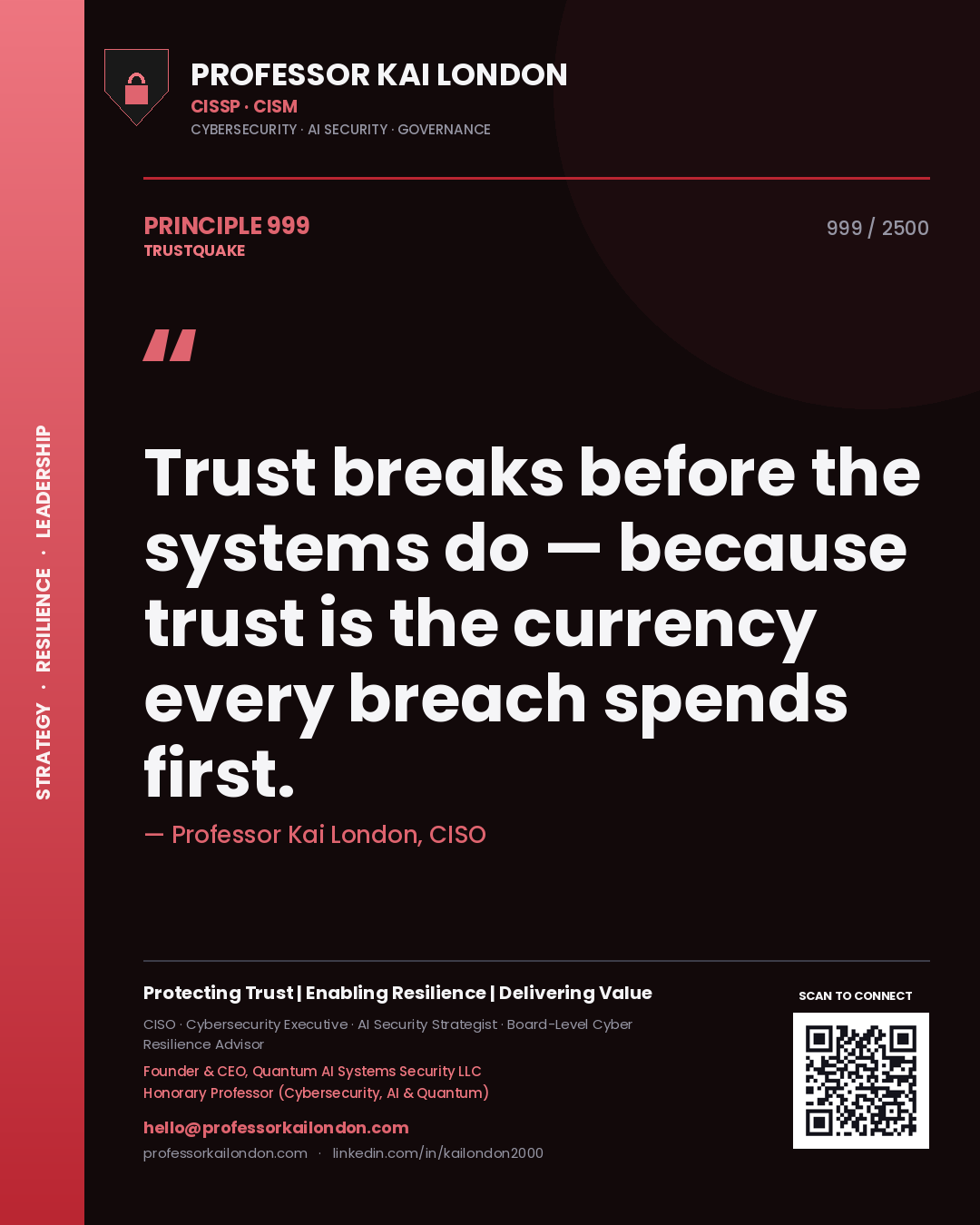 Professor Kai London principle 999: Trust breaks before the systems do — because trust is the currency every breach spends first.