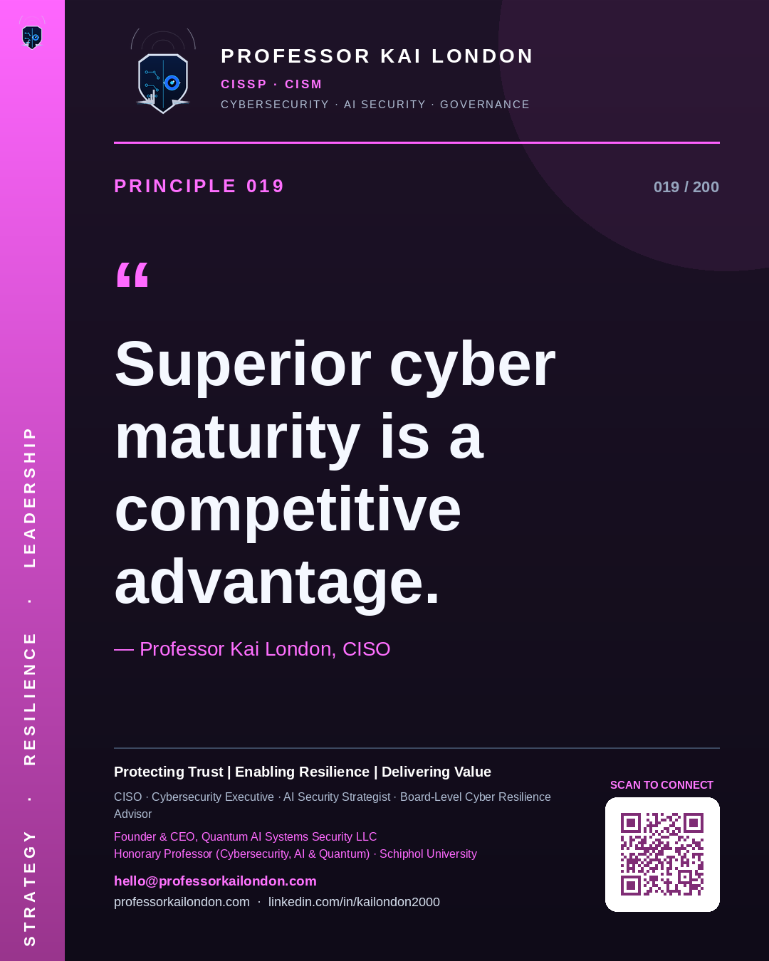 Professor Kai London cybersecurity principle 19: "Superior cyber maturity is a competitive advantage." — CISO, AI security & cyber resilience advisor.
