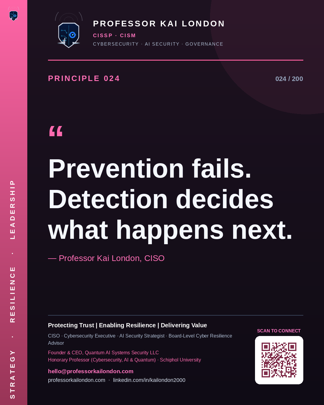 Professor Kai London cybersecurity principle 24: "Prevention fails. Detection decides what happens next." — CISO, AI security & cyber resilience advisor.