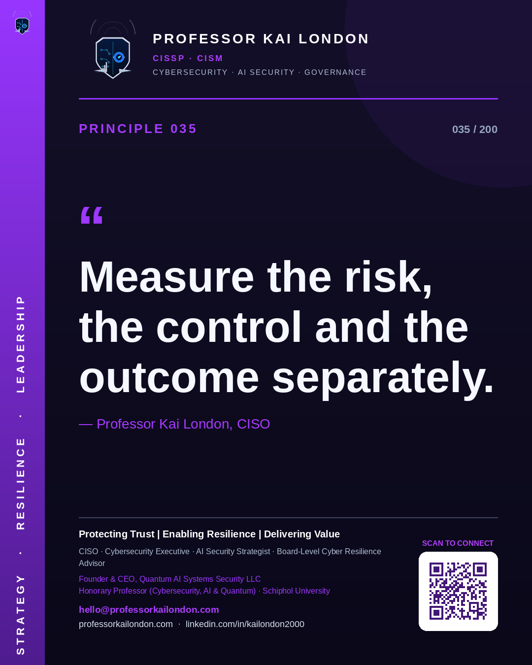 Professor Kai London cybersecurity principle 35: "Measure the risk, the control and the outcome separately." — CISO, AI security & cyber resilience advisor.