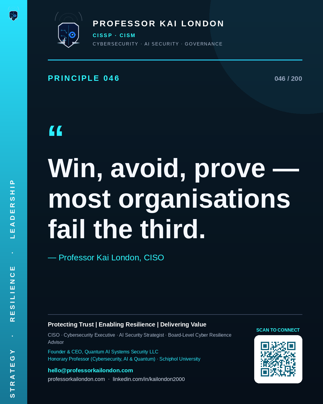 Professor Kai London cybersecurity principle 46: "Win, avoid, prove — most organisations fail the third." — CISO, AI security & cyber resilience advisor.