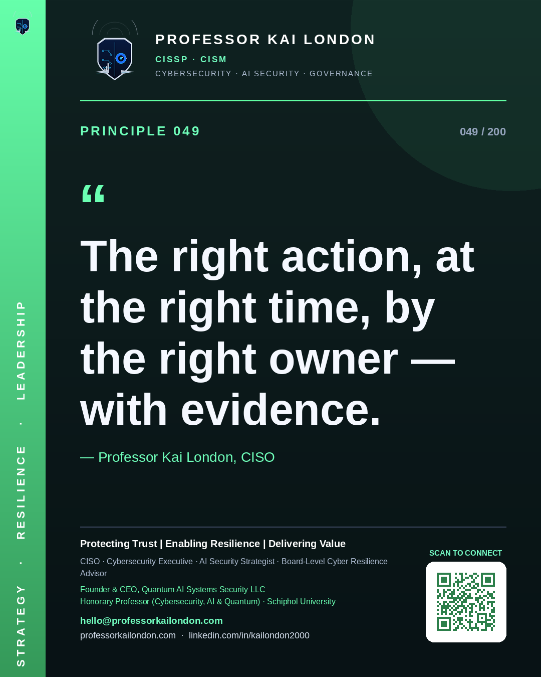 Professor Kai London cybersecurity principle 49: "The right action, at the right time, by the right owner — with evidence." — CISO, AI security & cyber resilience advisor.