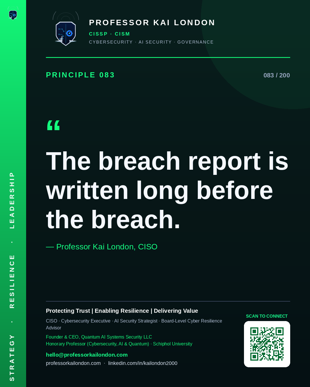 Professor Kai London cybersecurity principle 83: "The breach report is written long before the breach." — CISO, AI security & cyber resilience advisor.