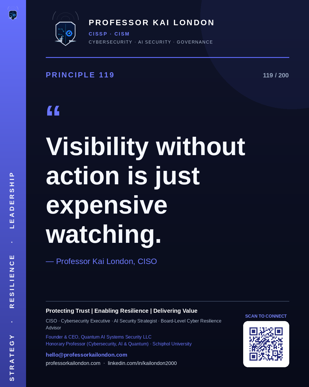 Professor Kai London cybersecurity principle 119: "Visibility without action is just expensive watching." — CISO, AI security & cyber resilience advisor.