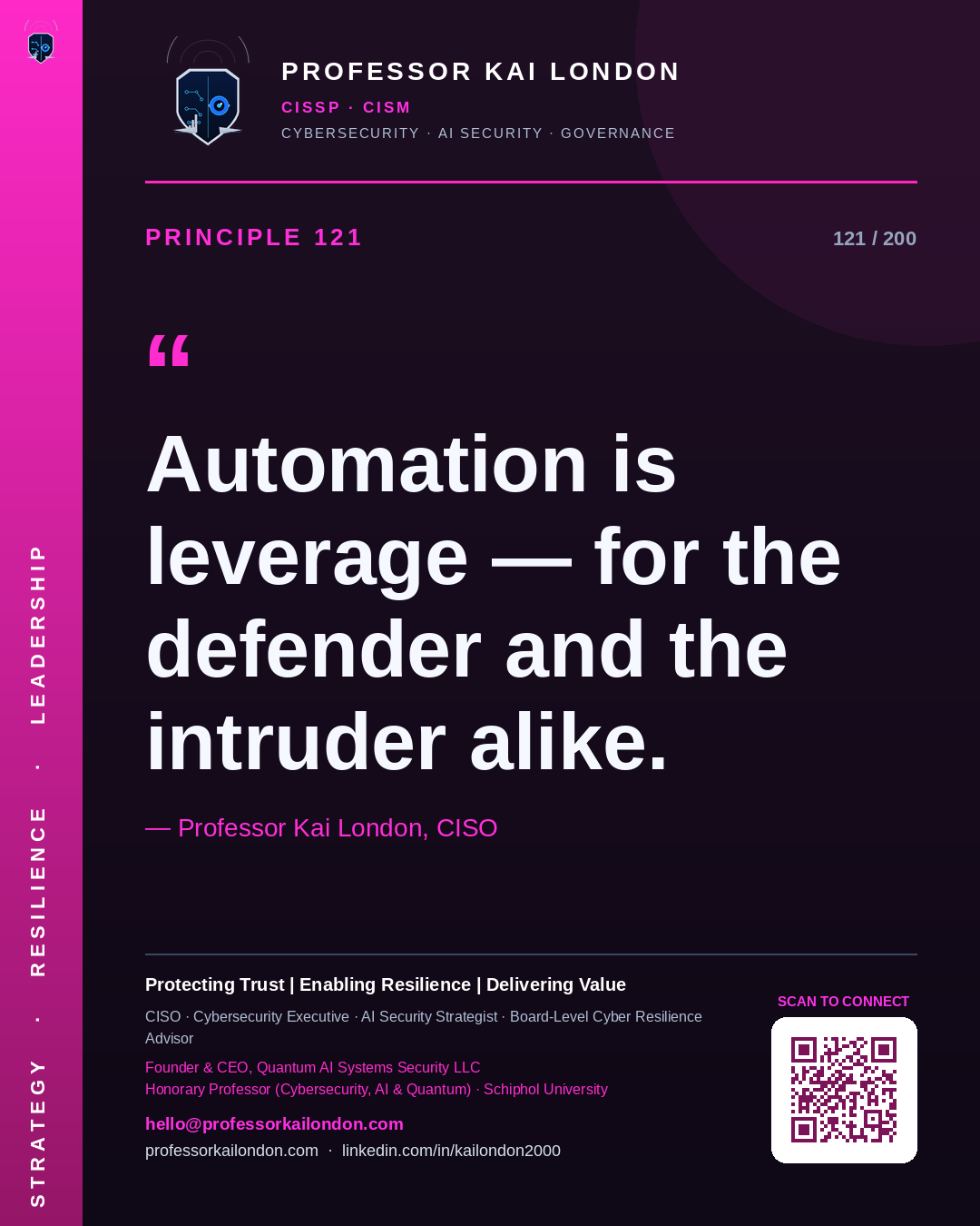 Professor Kai London cybersecurity principle 121: "Automation is leverage — for the defender and the intruder alike." — CISO, AI security & cyber resilience advisor.