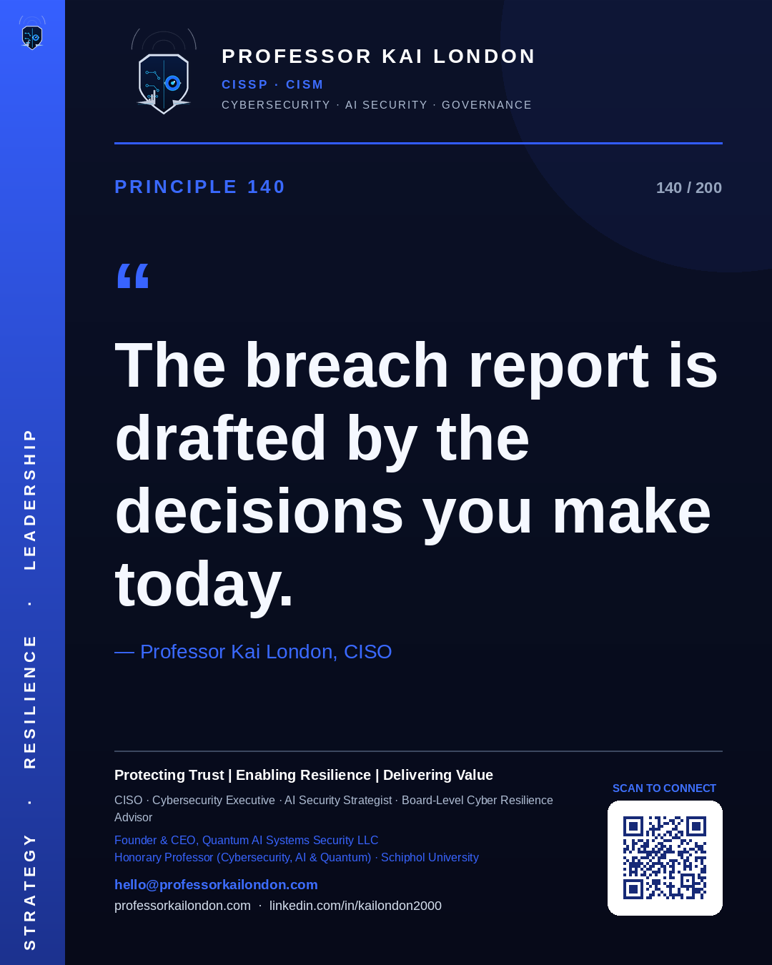 Professor Kai London cybersecurity principle 140: "The breach report is drafted by the decisions you make today." — CISO, AI security & cyber resilience advisor.