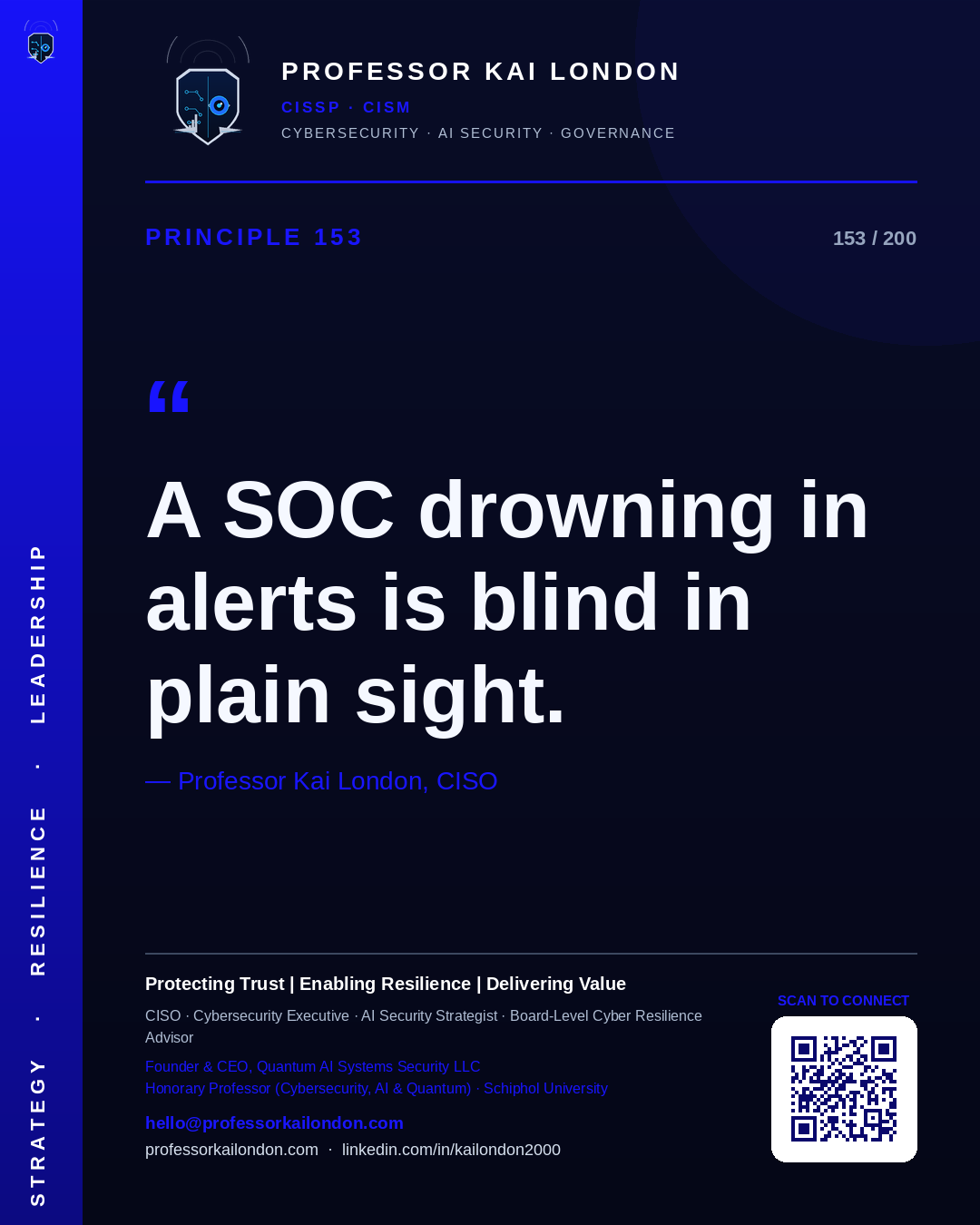 Professor Kai London cybersecurity principle 153: "A SOC drowning in alerts is blind in plain sight." — CISO, AI security & cyber resilience advisor.
