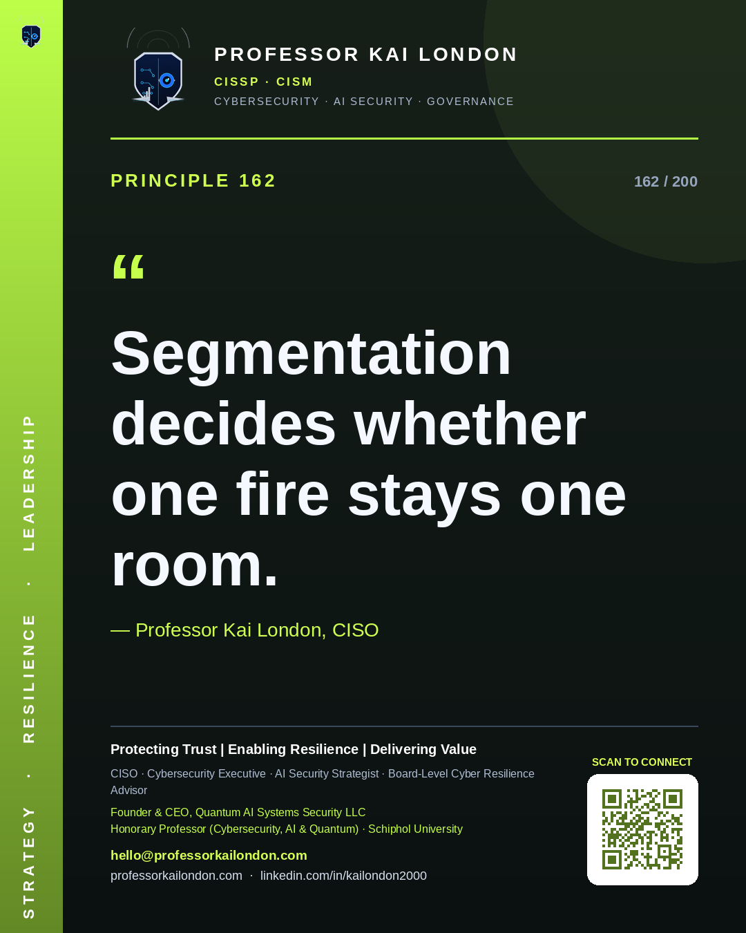 Professor Kai London cybersecurity principle 162: "Segmentation decides whether one fire stays one room." — CISO, AI security & cyber resilience advisor.