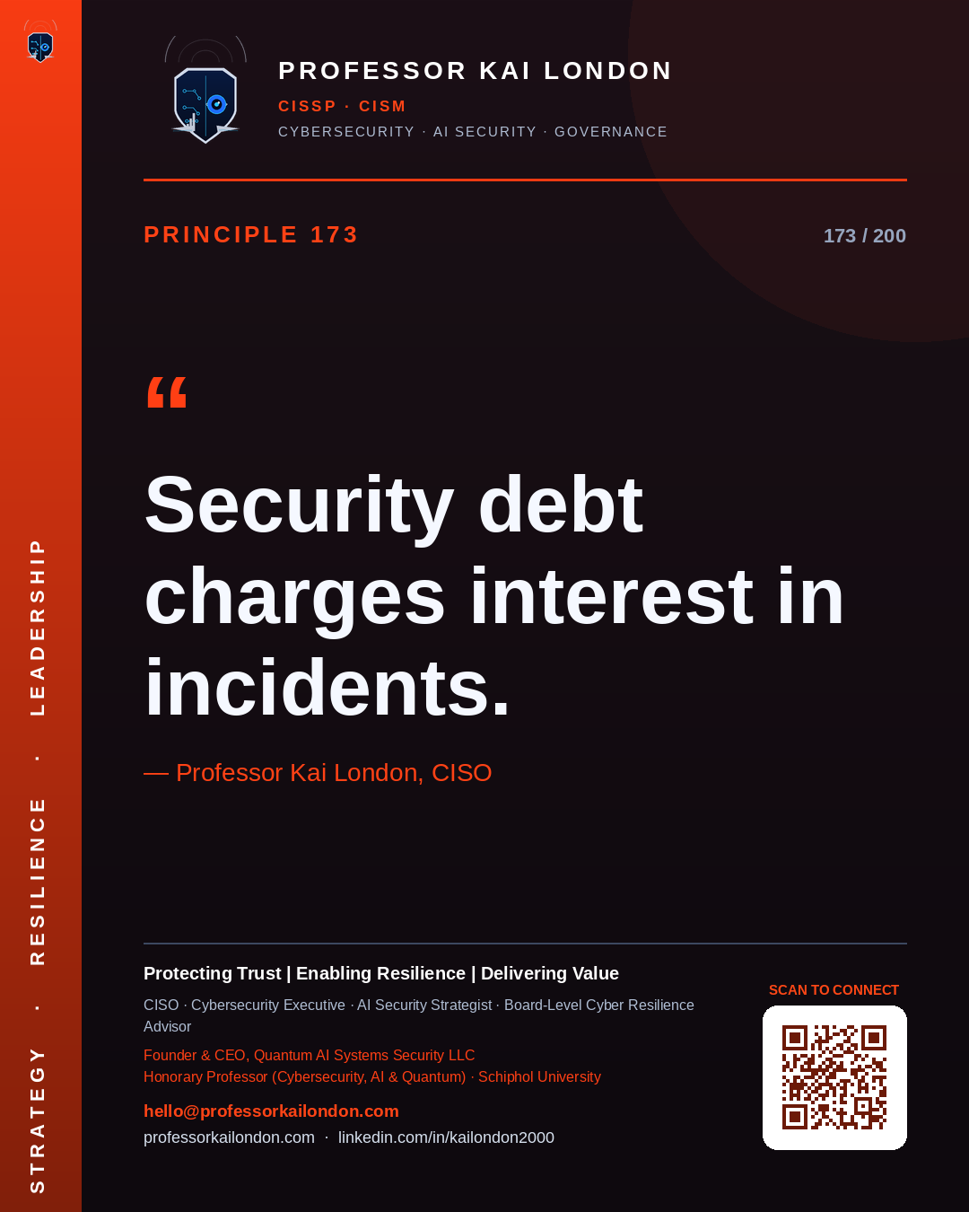 Professor Kai London cybersecurity principle 173: "Security debt charges interest in incidents." — CISO, AI security & cyber resilience advisor.